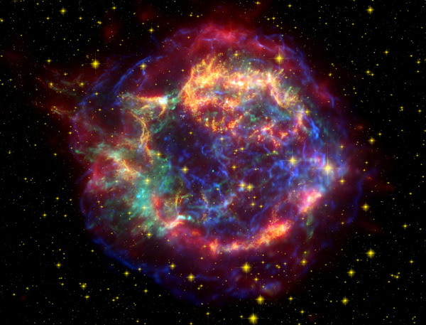 Остаток сверхновой Cas A с нейтронной звездой в центре. NASA/JPL-Caltech/O. Krause (Steward Observatory)