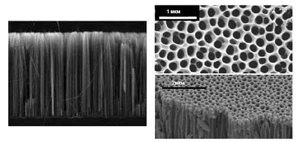 <b>Рис.&nbsp;11.</b> Лес кремниевых наностержней (M.C. Lu е.а. <i>International Journal of Heat and Mass Transfer</i>, 2011, 54, 5359–5367) и пористая мембрана из анодного окси да алюминия (R. Xiao е.а. <i>Applied Physics Letters</i>, 2013, 102, 123103-1–123103-4)