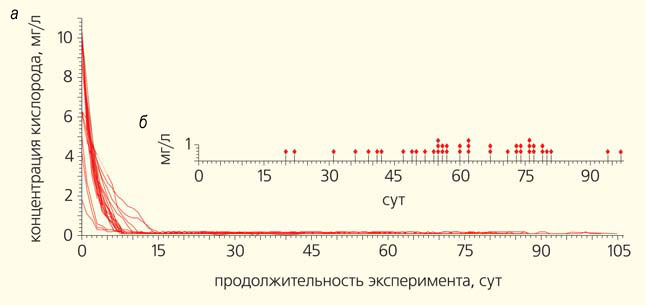 Рис. 1. Изменения уровней растворенного кислорода в воде в экспериментах по выяснению способности Rana amurensis переносить гипоксию и продолжительность выживания в условиях экстремальной гипоксии («Природа» №11, 2020)