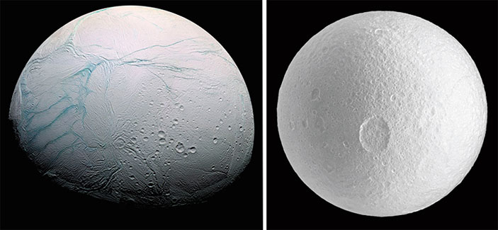 Энцелад, Тефия. NASA / JPL / Space Science Institute («Наука из первых рук» №2(50), 2013)
