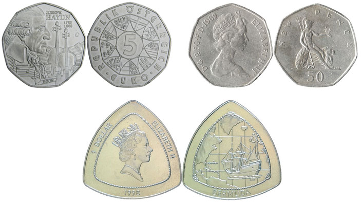 5 евро Австрии (девятиугольник), 50 пенсов Великобритании (семиугольник) и 1 доллар Бермудских островов (треугольник) («Квантик» №11, 2017)
