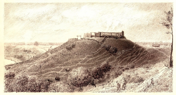 Рис. 3. Реконструкция Дьякова городища. Археолог Николай Кренке, художник Леонид Ланцман («Троицкий вариант» №23(342), 2021)