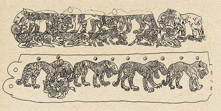 Изображения животных на крышке и стенке саркофага из второго Башадарского кургана