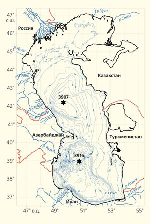 Рис. 1. Расположение станций опробования в Каспийском море («Природа» №4, 2016)