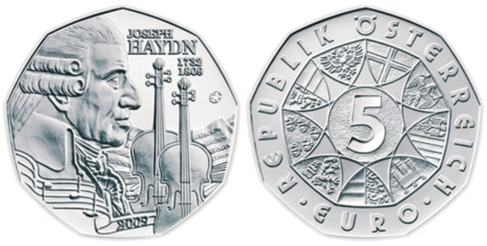 <b>Рис. 7.</b> Австрия, 5 евро, 2009 год — Иосиф Гайдн. Фото с сайта CoinNews.net («ТрВ» №14(233), 18.07.2017)