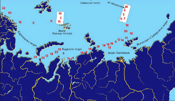 Распределение алифатических углеводородов в арктических районах. Числа — концентрации алифатических углеводородов; прямоугольниками показаны полигоны работ. Изображение: «Природа»