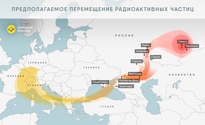 <b>Рис. 2.</b> Перемещение радиоактивных частиц, предполагаемое на основе опубликованных данных измерений. Источник: <a href=/"http://www.openrussia.org/" target=_blank>www.openrussia.org</a> <a name=b9></a><a href=/nauchno-populyarnaya_biblioteka/433890/Otkuda_mog_vzyatsya_ruteniy_106?US&from=rxblock#9>[9]</a> («ТрВ» №24(243), 05.12.2017)