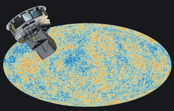 «Планк» и полученная им кварта микроволнового фона. Изображение с сайта www.esa.int