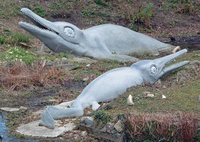 Ихтиозавры Leptonectes tenuirostris (на заднем плане) и Ichthyosaurus communis