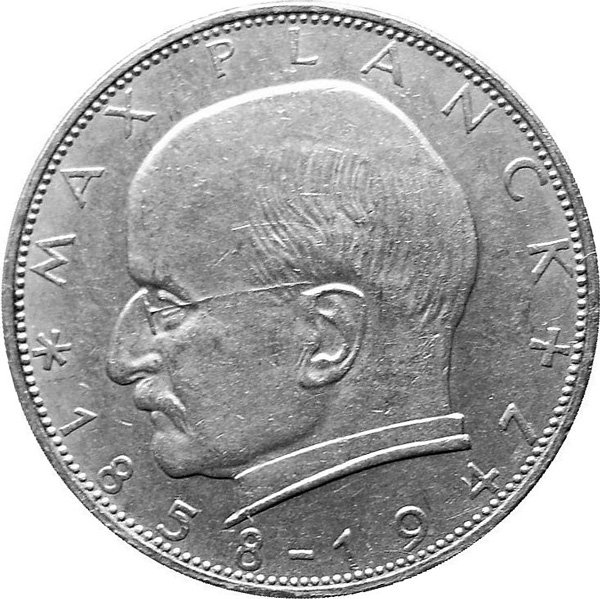 Монета ФРГ достоинством в две марки с профилем Макса Планка