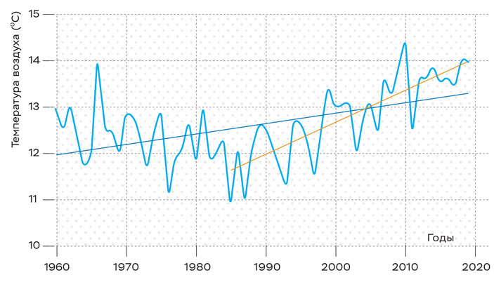 Среднегодовая температура приземного воздуха в Севастополе за период 1960–2018 годов («Коммерсантъ Наука» №33, ноябрь 2020) 