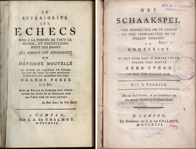 Титульные листы французского и нидерландского изданий книги ван Зёйлен ван Нейевелта о шахматах со случайной начальной расстановкой