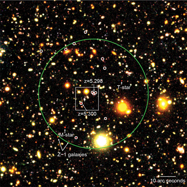 <b>Рисунок 5.</b> (из работы <a href=/"http://arxiv.org/abs/1101.3586" target=_blank>1101.3586</a>). <b>а)</b> область вокруг галактики с мощным звездообразованием на красном смещении z = 5,3. <i>Белыми кружками</i> отмечены кандидаты в галактики на z = 5,3. Область, выделенная <i>квадратом</i>, показана на следующем рисунке
