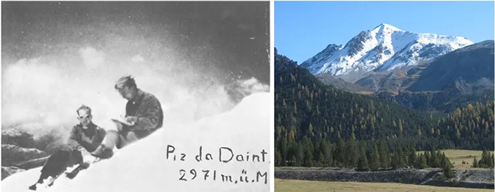 Гамов подписывает статью на горной вершине Piz da Daint в Альпах 
