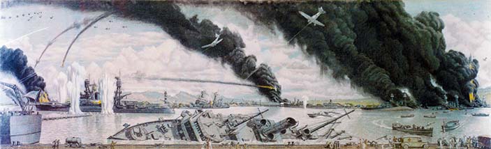Японская атака на Пёрл-Харбор. Рисунок Г. Коула, 1944 год