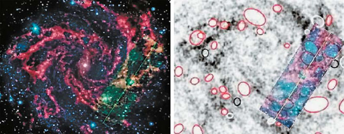 Рис. 3. NGC 6946 в ближней инфракрасной области спектра и на волне 21 см нейтрального водорода HI («Природа» №5, 2017) 