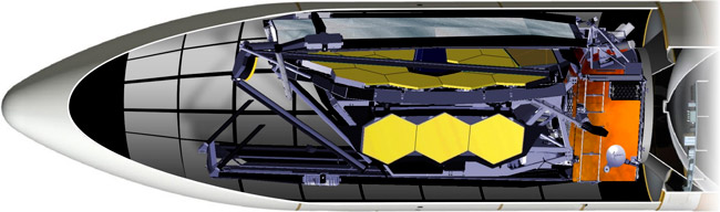 Упаковка JWST в носовом обтекателе ракеты Ariane 5