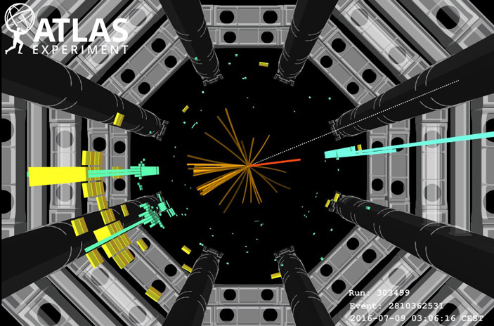 Зарегистрированное детектором ATLAS событие-кандидат на распад бозона Хиггса на b-кварковую пару
