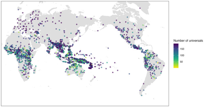 2226 проанализированных языков из базы данных Grambank на карте мира