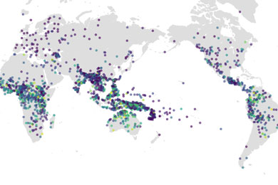 2226 проанализированных языков из базы данных Grambank на карте мира