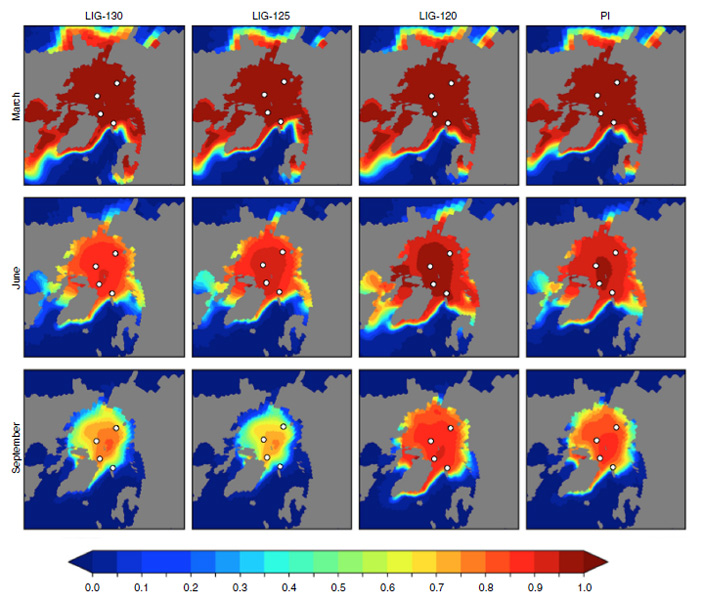 Рис. 2. Карты распространения ледового покрова в Арктическом бассейне в период последнего межледниковья