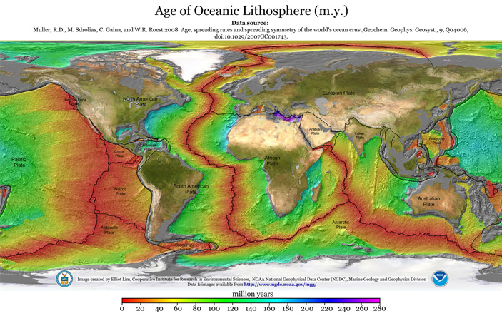 Геохронологическая карта возраста океанического дна (шкала в млн лет)