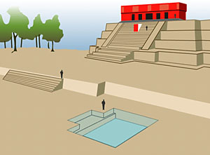 Священный водоем перед входом во дворец Канкуэна (рисунок-реконструкция: Luis Fernando Luin/National Geographic Society с сайта terraeantiqvaefotos.zoomblog.com)
