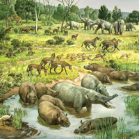 Художественное изображение ландшафта и населявших его представителей гиппарионовой фауны в миоцене Северного Причерноморья