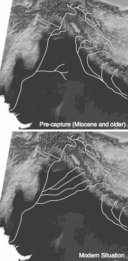 Схема бассейна реки Инд до и после возникновения водораздела 5&nbsp;млн лет назад (рис. с сайта www.eurekalert.org)