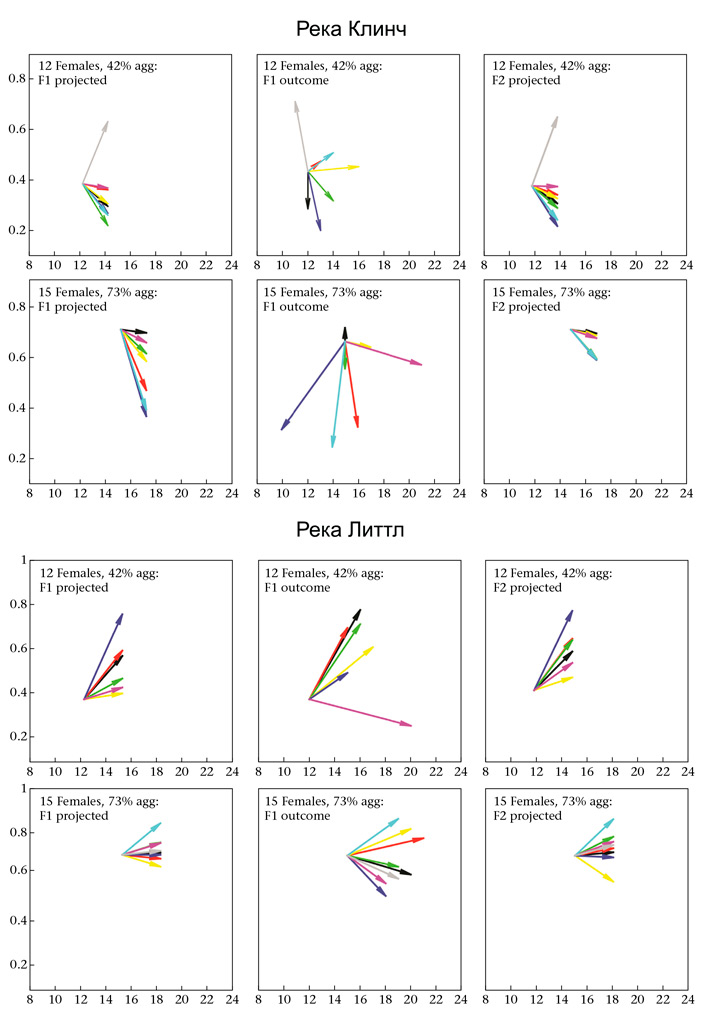 Рис. 5. Ожидаемые сдвиги структуры колонии следующего поколения, основанные на оценке размеров кладок яиц от «агрессивных» и «мирных» особей