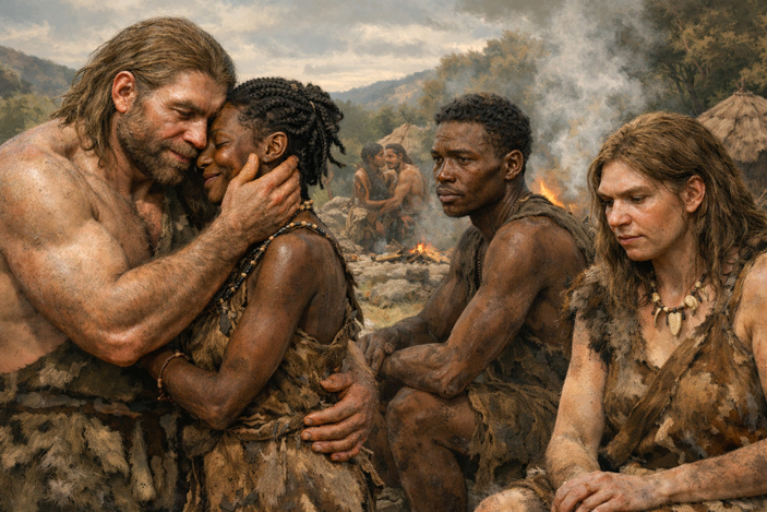 Рис. 1. Суть обсуждаемой статьи в&nbsp;одной картинке: в&nbsp;смешанных группах мужчины с&nbsp;высокой долей неандертальских генов скрещивались с&nbsp;женщинами сапиентного облика чаще, чем сапиентные мужчины&nbsp;— с&nbsp;неандерталоидными женщинами