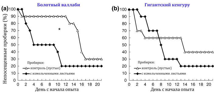 Рис. 3. Доля пробирок, посещенных кенгуру