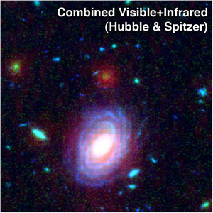 Совмещенный снимок отдаленной галактики HUDF-JD2 в видимом (Hubble) и инфракрасном (Spitzer) свете (изображение с сайта hubblesite.org)