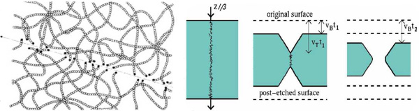 Слева&nbsp;— разрушение полимерных цепочек вдоль траектории частиц с высокой ионизирующей способностью. Справа&nbsp;— образование конуса при вытравливании пластины; геометрия конуса зависит от силы ионизации. Изображение с сайта web.me.com/jamespinfold/MoEDAL_site