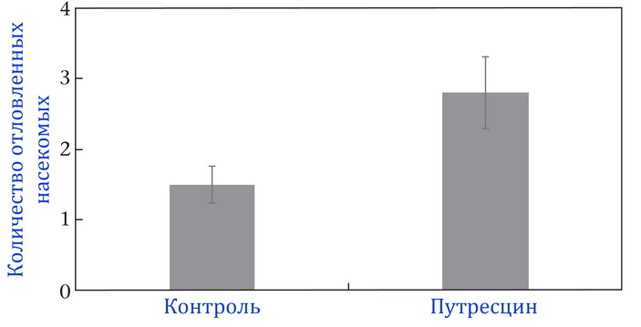 <b>Рис. 3.</b> Сравнение количества насекомых, попавших в контрольные сети и сети с дополнительным путресцином, за один день
