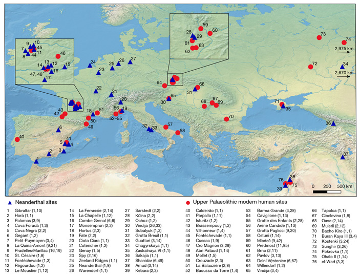 Рис. 2. Местонахождения неандертальцев и верхнепалеолитических сапиенсов