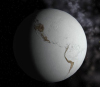 Образ замороженной Земли (Snowball Earth). Толстый слой льда, покрывающий Землю, исключает возможность фотосинтеза. Изображение с сайта www.celestiamotherlode.net