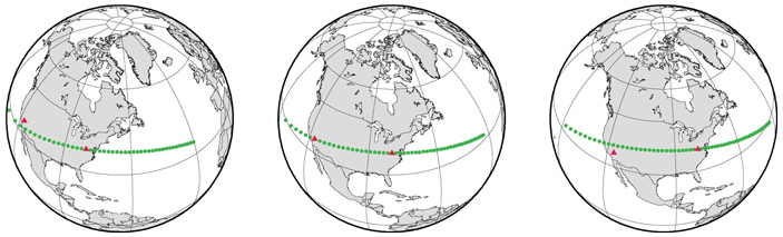 Рис. 9. Траектории отражений на поверхности Земли при разной геометрии наблюдений