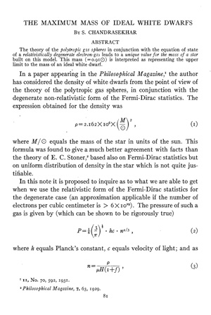 Первая (из двух) страница статьи Чандрасекара The Maximum Mass of Ideal White Dwarfs