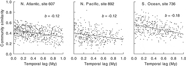 Рис. 2. Степень сходства сообществ диатомовых водорослей, обитавших в разное время в одном месте. Отдельные точки на графике соответствуют сходству проб из разных слоев донных отложений (разного времени существования их в планктоне). По абсциссе&nbsp;&mdash; разница во времени между пробами (в&nbsp;миллионах лет). По ординате&nbsp;&mdash; коэффициент сходства видового состава сообществ. Отдельные графики построены для трех станций в разных океанах: Северной Атлантике, Северной Пацифике и Южном океане. Во&nbsp;всех местах прослеживается одна и та же зависимость: чем дальше во&nbsp;времени отстоят друг от друга пробы (чем больше временной лаг), тем сильнее отличаются по видовому составу сообщества. Однако, в&nbsp;целом, изменения происходят медленно и они незначительны. Рис. из обсуждаемой статьи в Science