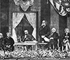 Томас Гексли на открытии Выставки рыболовства (Лондон, 1882 год) произносит вступительную речь об истории и значении рыболовства, в которой объявляет о практической неисчерпаемости морской продукции. Фото с сайта aleph0.clarku.edu