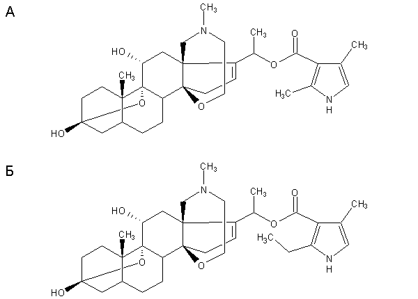 Рис. 2. А&nbsp;— батрахотоксин; Б&nbsp;— гомобатрахотоксин из кожи лягушек-листолазов и перьев питоху