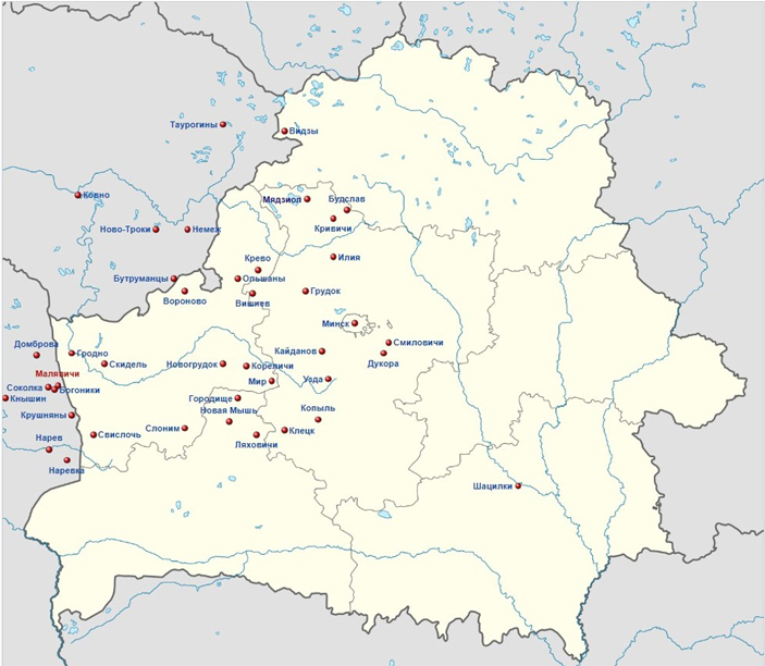 Рис. 3. Места расселения польско-литовских татар согласно Атласу народонаселения Западно-Русского края по исповеданиям (Александр Риттих, 1864)