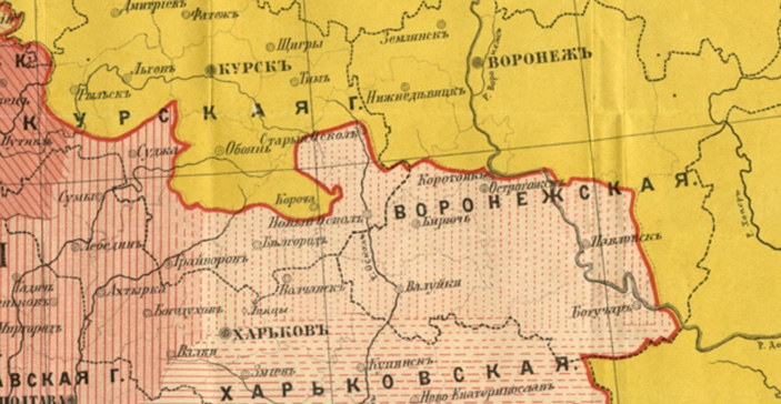 Рис. 1. Фрагмент «Карты южнорусских наречий и говоров» 1871 г. Красной чертой показана северная граница распространения украинских говоров