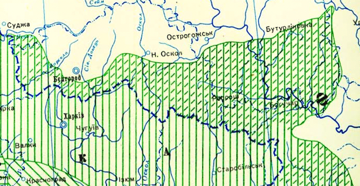 Рис. 3. Фрагмент «Карти говорів української мови» 1955 г. Вертикальной зеленой штриховкой обозначены слобожанские говоры украинского языка, косая прерывистая штриховка означает, что говоры находятся в окружении русского языка