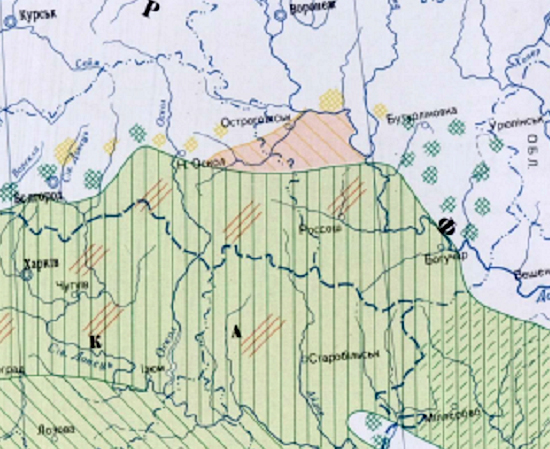 Рис. 4. Фрагмент «Карти говорів української мови» 1966 г. Вертикальной зеленой штриховкой на зелёной заливке обозначены слобожанские говоры украинского языка, жёлтой косой штриховкой на розовой заливке — северные (полесские) говоры