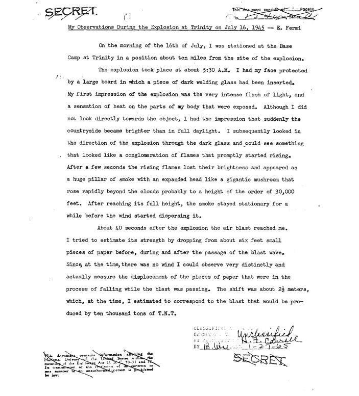 Рис. 2. Записи наблюдений Энрико Ферми во время ядерного испытания «Тринити»