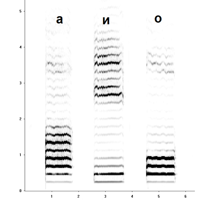 Рис. 3. Сонограмма гласных звуков а, и, о, произнесенных человеком