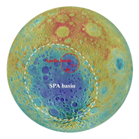 Топографическая карта обратной стороны Луны. Белым пунктиром отмечен контур бассейна Южный полюс — Эйткен (SPA basin), звездочкой — место посадки спускаемого аппарата «Чанъэ-6»