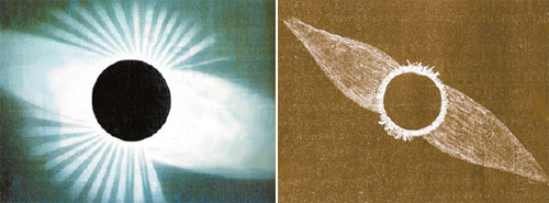 Вид солнечных корон во время затмений разных лет